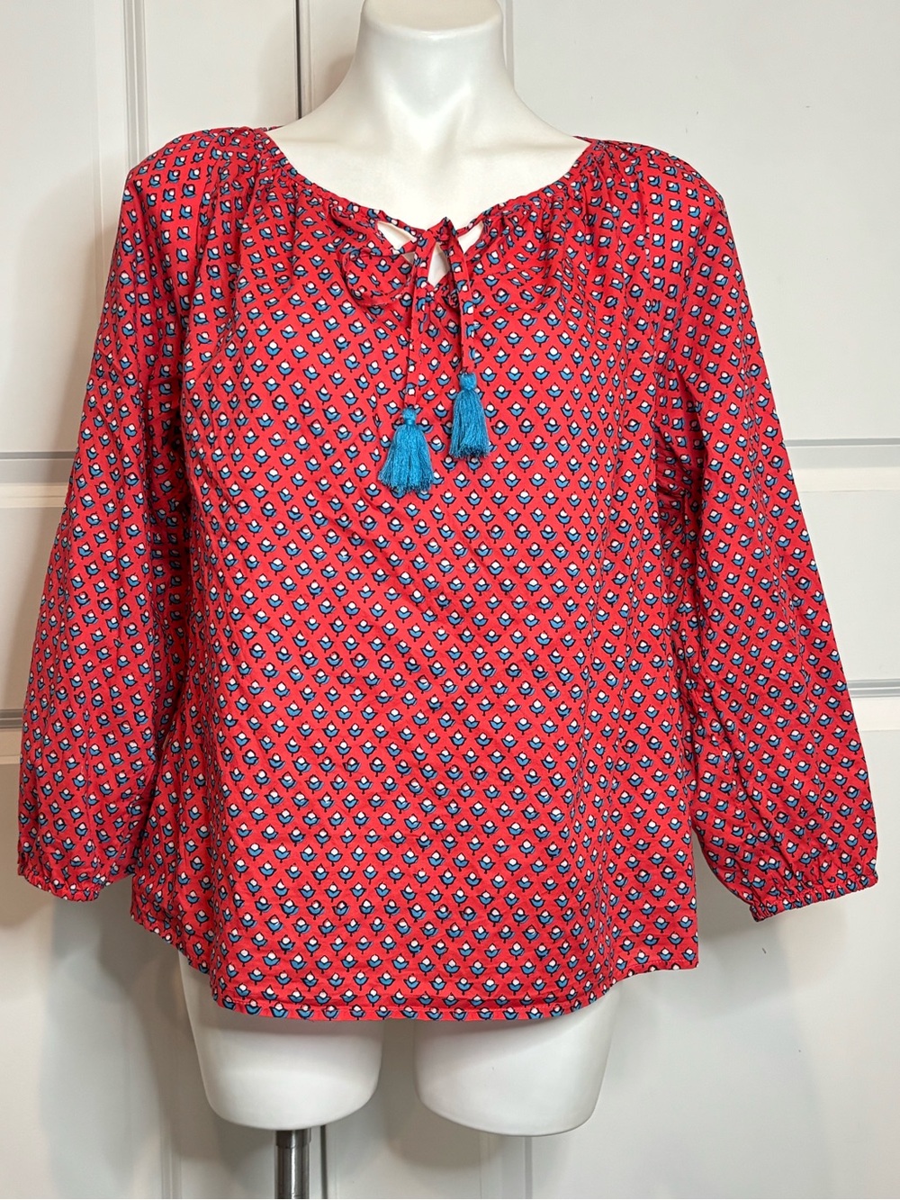 J. Crew Factory Floral Tassel Neck Tie Popover Blouse M Coral Blue